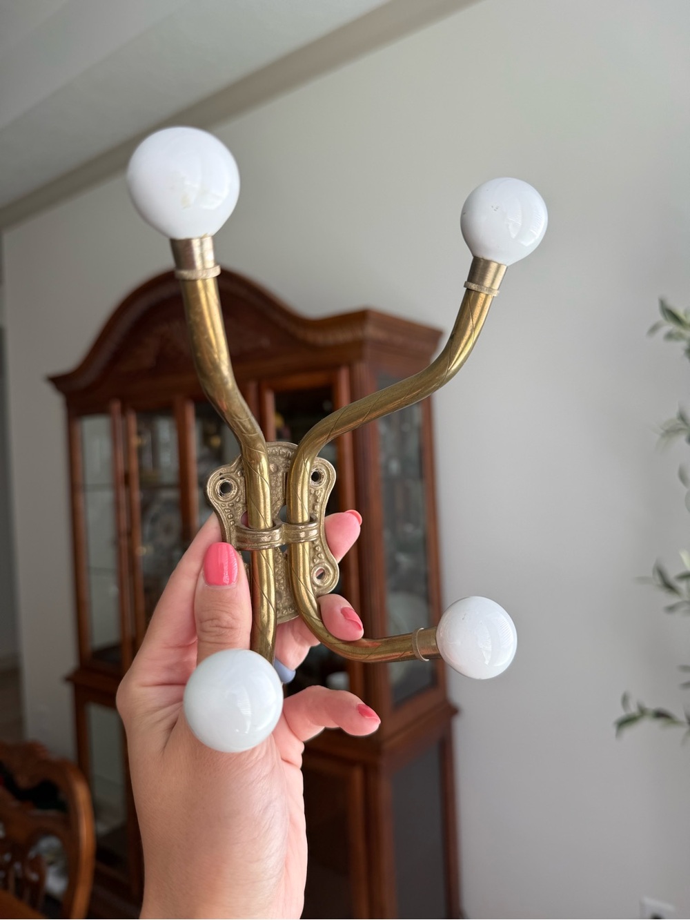 Brass Wall Hook with White Porcelain Knobs - Home Wall Decor